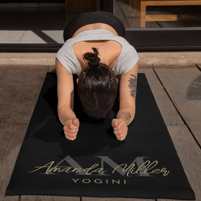 Personalised With Name Black Gold Modern Monogram Yoga Mat (Creator Uploaded)