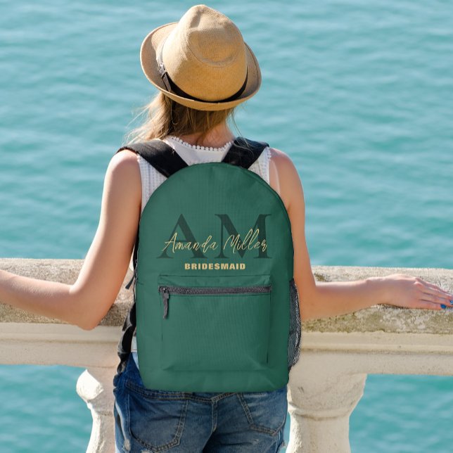 Personalised With Name Green Gold Modern Monogram Printed Backpack (Creator Uploaded)
