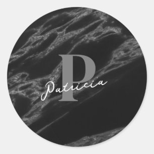 Personalised with Name Initial Marble Black  Classic Round Sticker