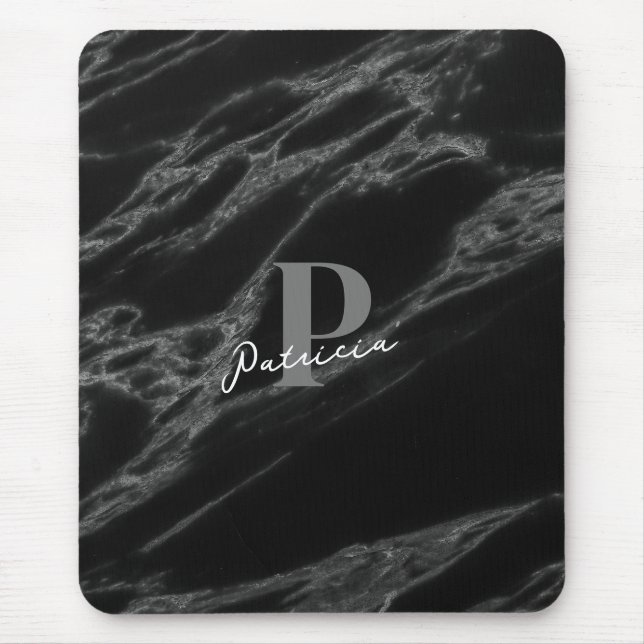 Personalised with Name Initial Marble Black  Mouse Mat (Front)