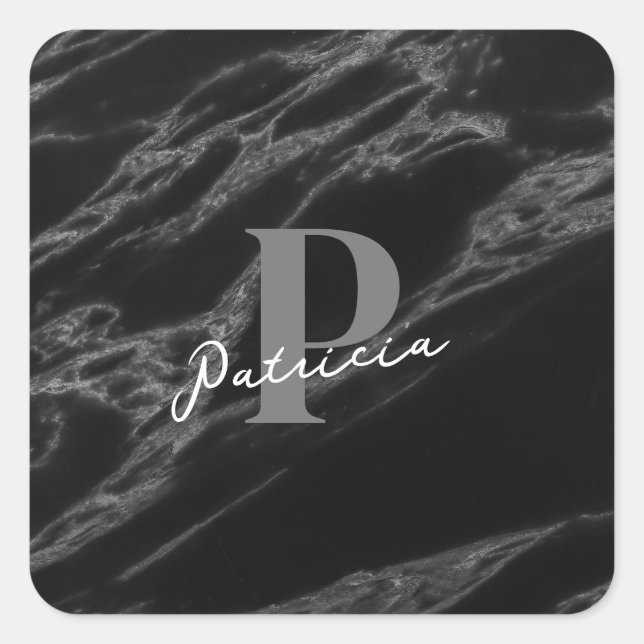 Personalised with Name Initial Marble Black  Square Sticker (Front)