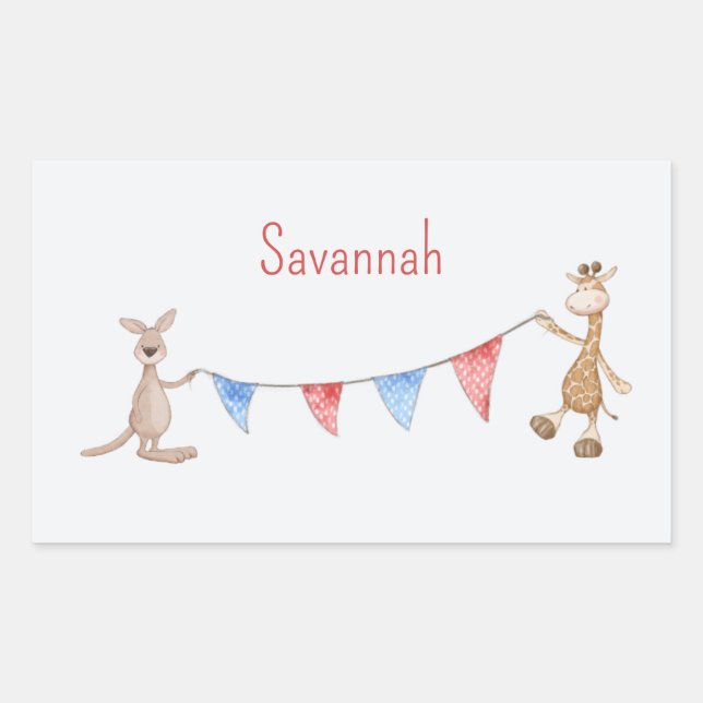 Personalised with Name Kangaroo and Giraffe Rectangular Sticker (Front)