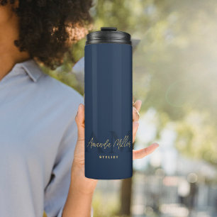 Personalised With Name Navy Blue Gold Monogram Thermal Tumbler