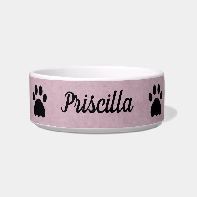 Personalised with Name | Pink with Paws Cat Bowl (Front)