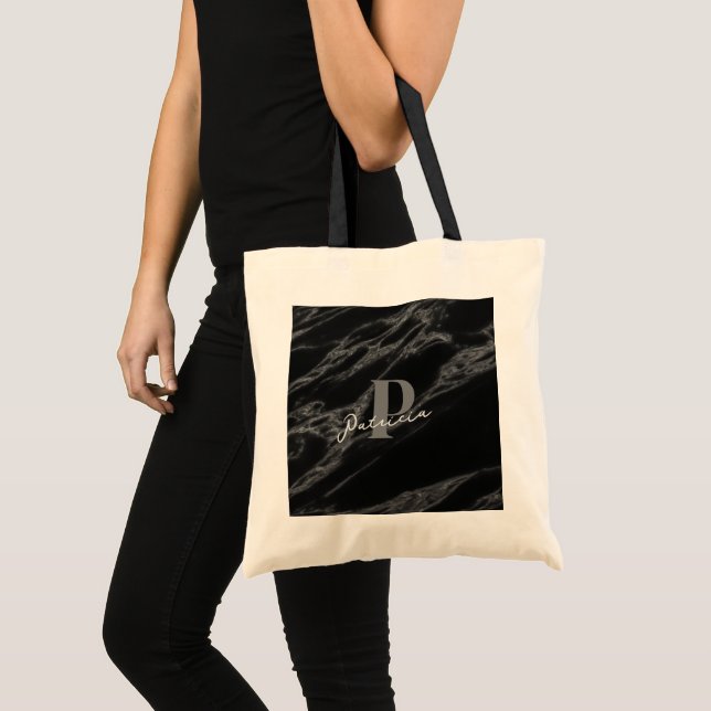 Personalised with Name Trendy Marble Black  Tote Bag (Front (Product))