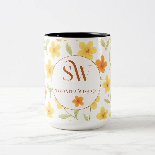 Personalised with Orange & Yellow Flowers _  Two-Tone Coffee Mug (Center)