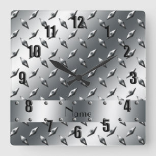 Personalised with your name diamond plate steel square wall clock