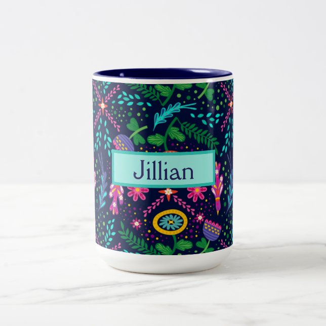Personalised with Your Name Folk Art Two-Tone Coffee Mug (Center)