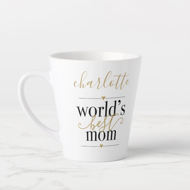 Personalised Wolds Best Mum Black And Gold Latte Mug (Left)
