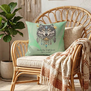 Personalised Wolf Spirit Sage Green Boho Cushion