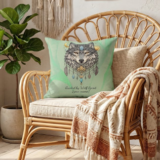 Personalised Wolf Spirit Sage Green Boho  Cushion