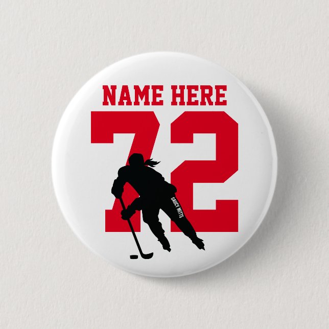 Personalised Women's Hockey Player Name Number Red 6 Cm Round Badge (Front)