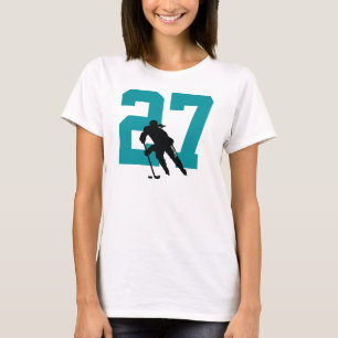 Personalised Women's Hockey Player Number Teal T-Shirt