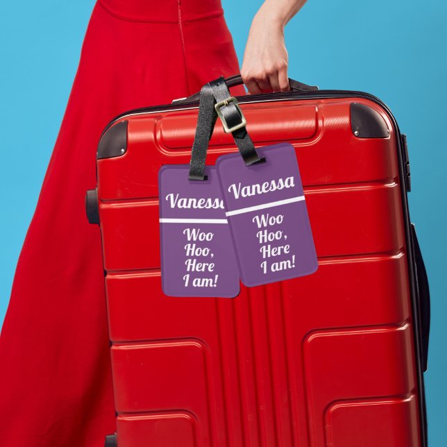 Personalised Woo Hoo | Funny Luggage Tag (modern funny luggage tags in bright and colorful purple for traveller gift in a minimalist design)