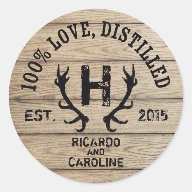 Personalised Wood Bourbon Barrel Wedding Monogram Classic Round Sticker (Front)