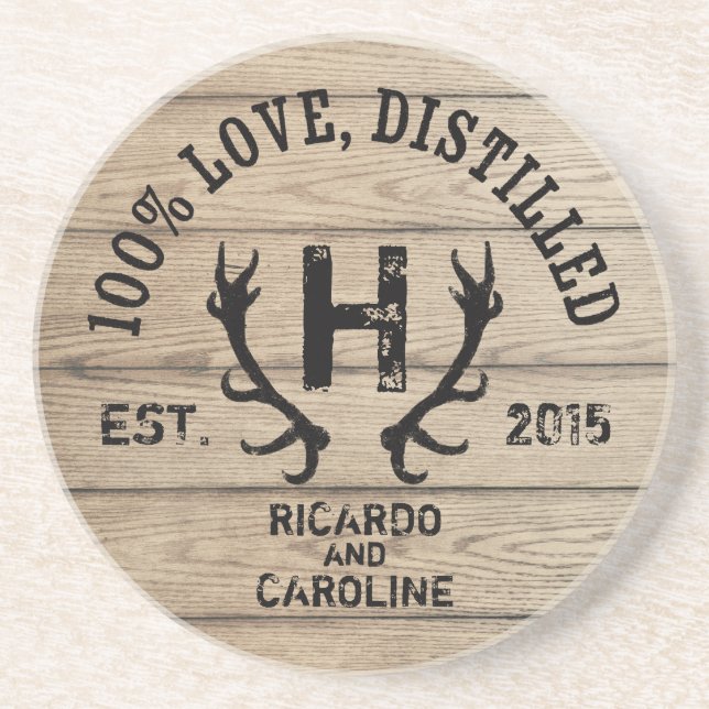 Personalised Wood Bourbon Barrel Wedding Monogram Coaster (Front)