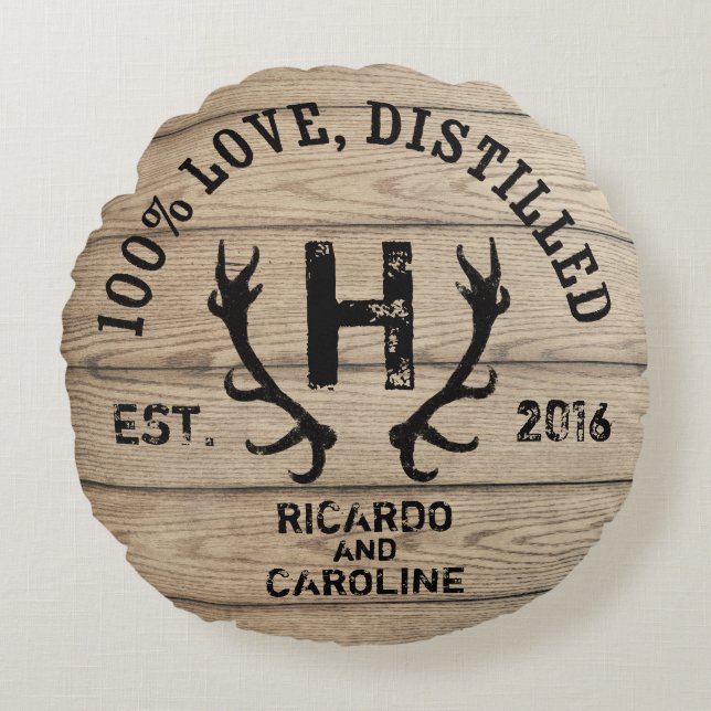 Personalised Wood Bourbon Barrel Wedding Monogram Round Cushion (Front)