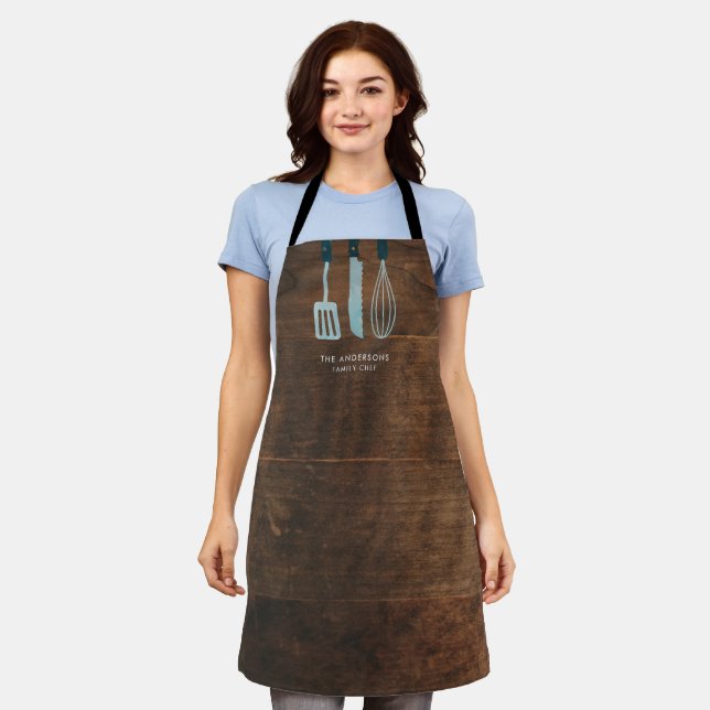 Personalised Wood Kitchen Utensils Family Name Apron (Worn)