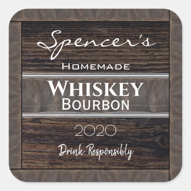 Personalised Wood & Leather Square Sticker (Front)