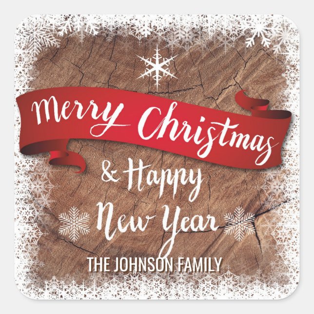 Personalised Wood Rustic MERRY CHRISTMAS New Year Square Sticker (Front)