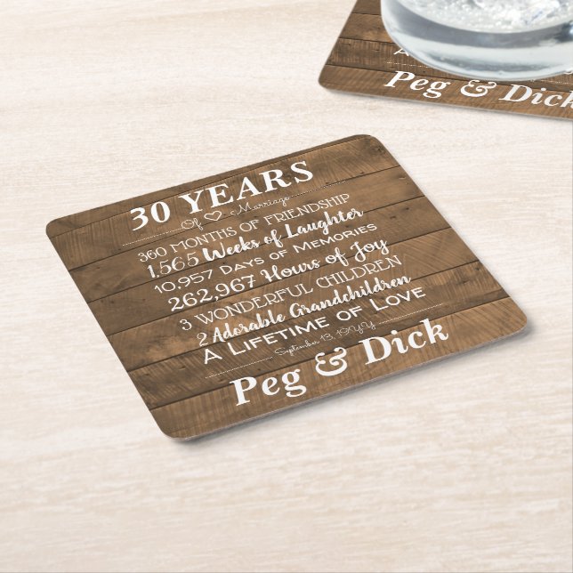 Personalised Wood Wedding Anniversary Milestones Square Paper Coaster (Angled)