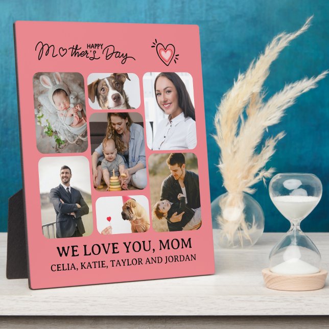 Personalised Wooden Photo Plaque Gift for Mum (Personalized Mom's Day Gift: 7-Photo Collage Pink Plaque with Easel)