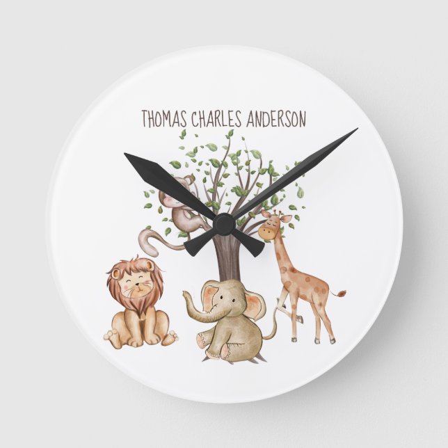 Personalised Woodland Animals Baby Gift Nursery  Round Clock (Front)