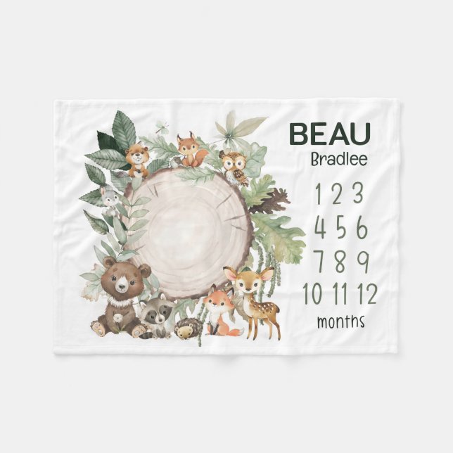 Personalised Woodland Animals Baby Milestone Blank Fleece Blanket (Front (Horizontal))