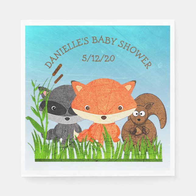 Personalised Woodland Animals Baby Shower Napkins (Front)