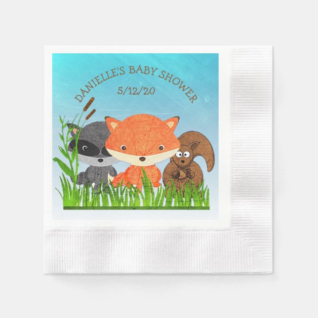 Personalised Woodland Animals Baby Shower Napkins (Front)
