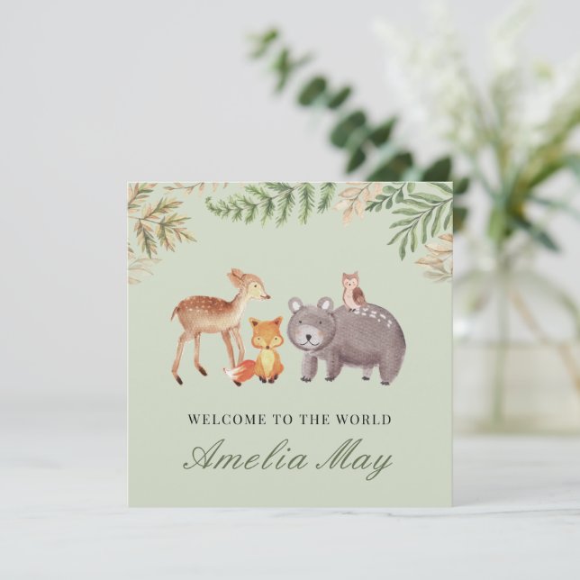 Personalised Woodland Animals New Baby Card (Standing Front)