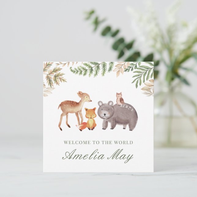 Personalised Woodland Animals New Baby Card (Standing Front)