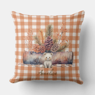 Personalised Woodland Bear Gingham Fall  Cushion