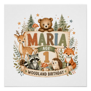 Personalised Woodland Birthday Animals Name and Ag Poster