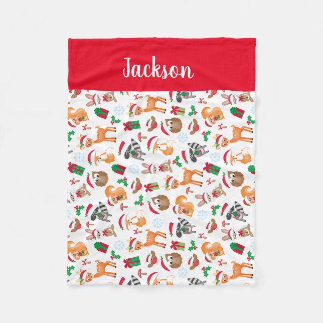 Personalised Woodland Christmas Animals Kids Fleece Blanket (Front)
