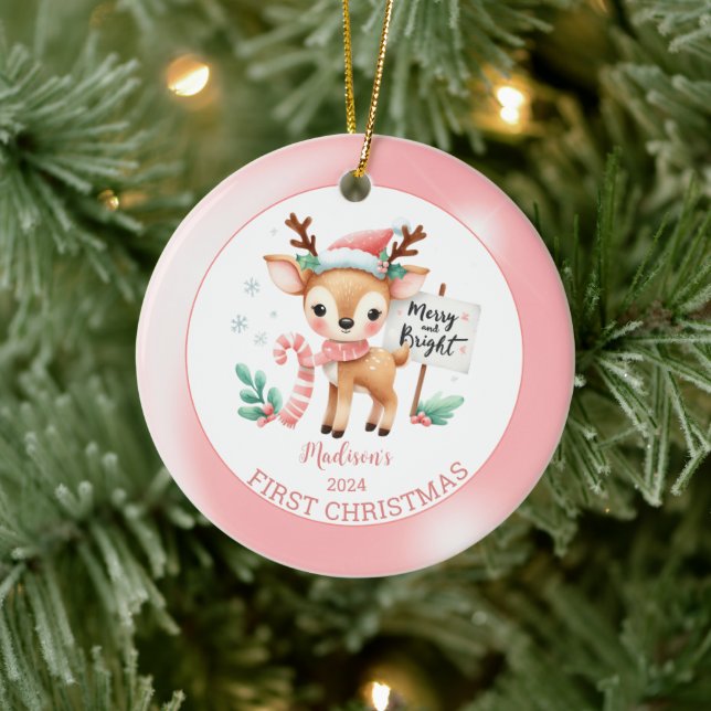 Personalised Woodland Deer Christmas  Ceramic Tree Decoration (Tree)