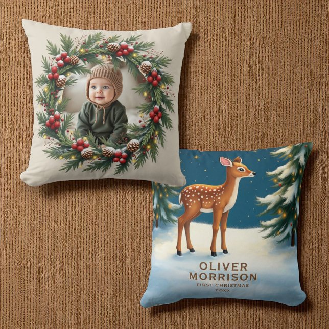 Personalised Woodland First Christmas Baby Deer  Cushion (Creator Uploaded)