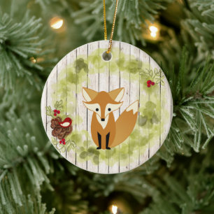 Personalised Woodland Fox and Wreath Christmas Ceramic Tree Decoration