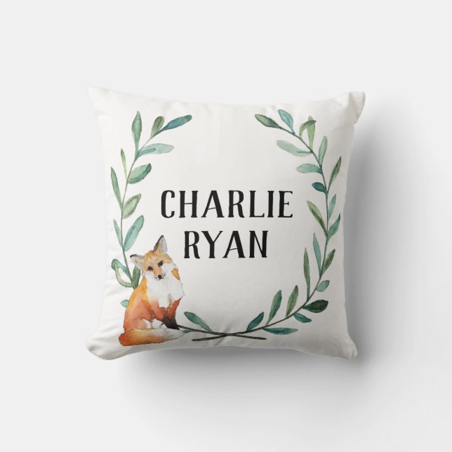 Personalised Woodland Fox and Wreath Pillow (Front)