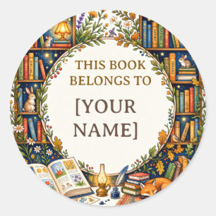 Personalised Woodland Library Bookplate Classic Round Sticker