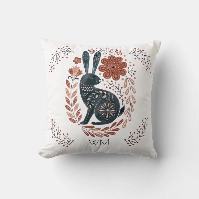 Personalised Woodland Rabbit Folk Art Cushion (Front)