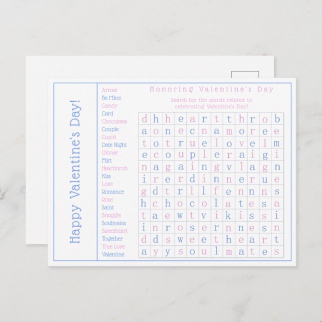 Personalised Word Search Puzzle, Valentine's Day Holiday Postcard (Front/Back)