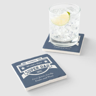 Personalised World's Best Navy Blue Super Dad Stone Coaster