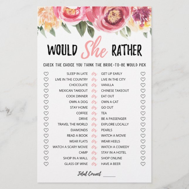 Personalised Would She Rather Bridal Shower game (Front)