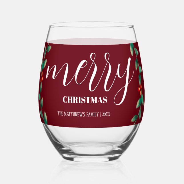 Personalised Wreath Burgundy Merry Christmas Name  Stemless Wine Glass (Front)