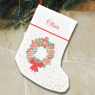 Personalised Wreath Gold Stars Cookies Christmas  Small Christmas Stocking