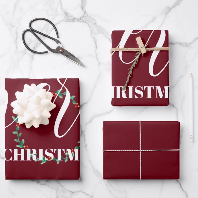Personalised Wreath Merry Christmas Burgundy  Wrapping Paper Sheet (Front)