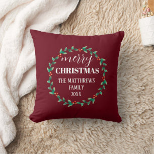 Personalised Wreath Merry Christmas Photo Name Cushion