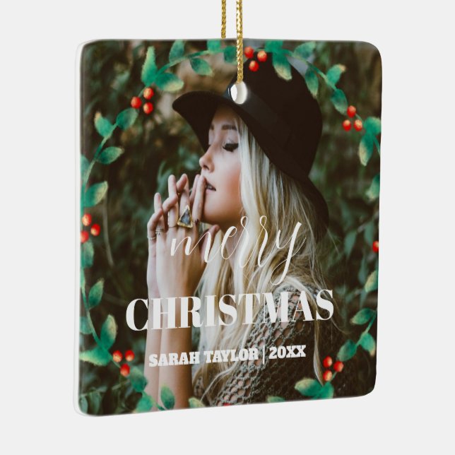 Personalised Wreath Merry Christmas Photo Script  Ceramic Ornament (Right)