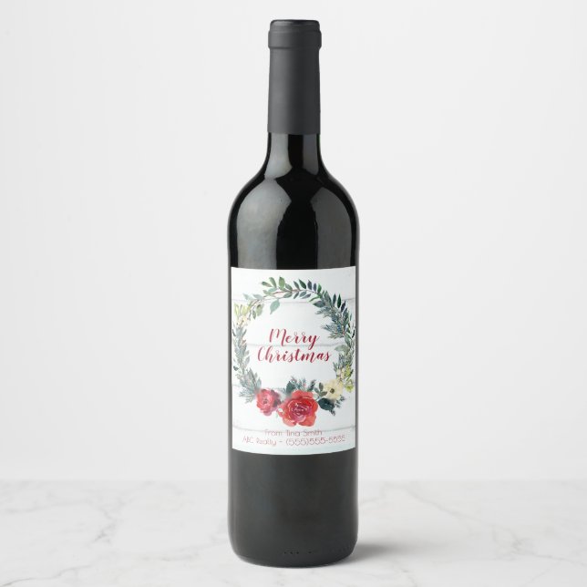 Personalised Wreath Merry Christmas Wine Label (Front)